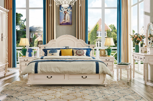 Schlofzëmmer Set Bett Nopeschdësch Kleederschaf Stull Schminktisch Design 6tlg.