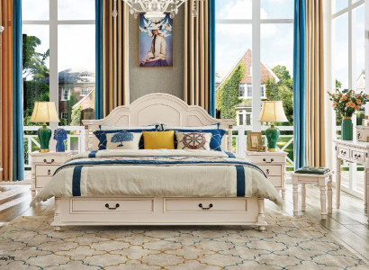 Schlofzëmmer Set Bett Nopeschdësch Kleederschaf Stull Schminktisch Design 6tlg.