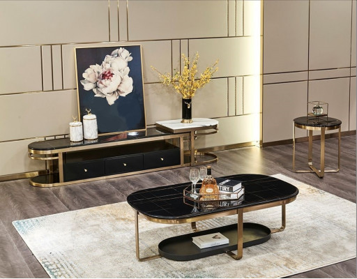 Wunnzëmmer Set Sideboard Säitentafel Couchtisch Dësch 3-Teileg Komplett