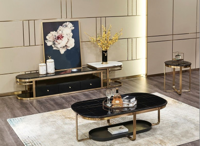 Wunnzëmmer Set Sideboard Säitentafel Couchtisch Dësch 3-Teileg Komplett