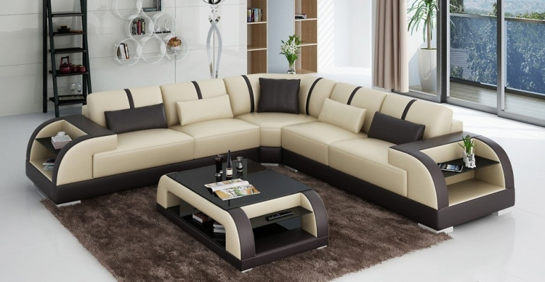 Design Eck Lieder Sofa Couch Polster Garnitur Wunnlandschaft L Form Modern Beige
