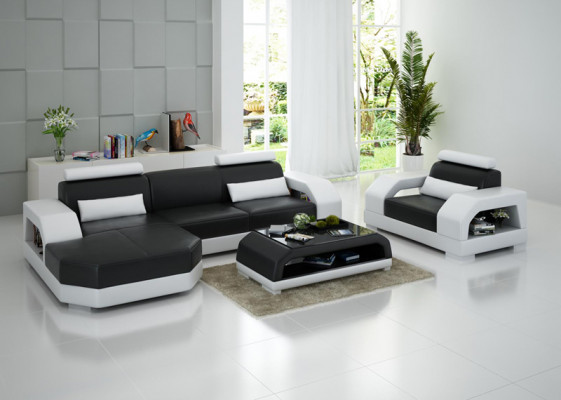 Ledercouch Couch Wunnlandschaft Eckcouch + Sessel Garnitur Design Modern LED USB