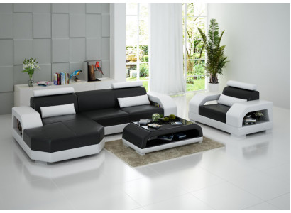 Ledercouch Couch Wunnlandschaft Eckcouch + Sessel Garnitur Design Modern LED USB