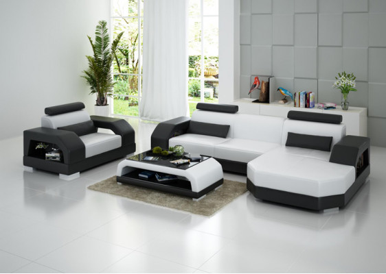 Ledercouch Couch Wunnlandschaft Eckcouch + Sessel Garnitur Design Modern LED USB