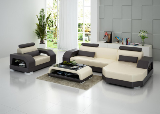 Ledercouch Couch Wunnlandschaft Eckcouch + Sessel Garnitur Design Modern LED USB