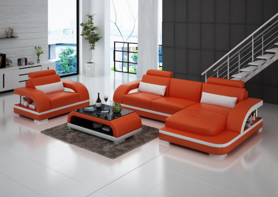 Ledercouch Couch Wunnlandschaft Eckcouch + Sessell Garnitur Modern Couch LED + USB
