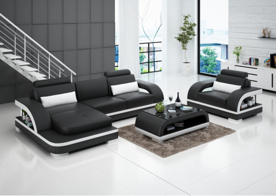 Ledercouch Couch Wunnlandschaft Eckcouch + Sessell Garnitur Modern Couch LED + USB
