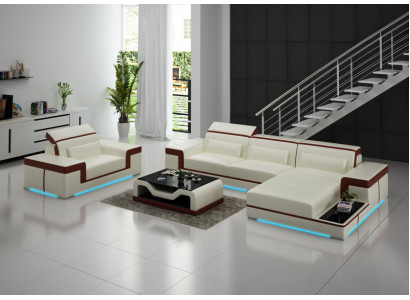 Ledercouch Wohnlandschaft Ecksofa + Fauteuil Eck Garnitur Dekor Design