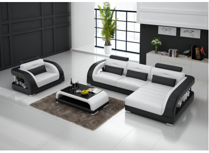 Ledersofa Canapé Wunnlandschaft Eckcanapé + Sessel Nei Garnitur Design