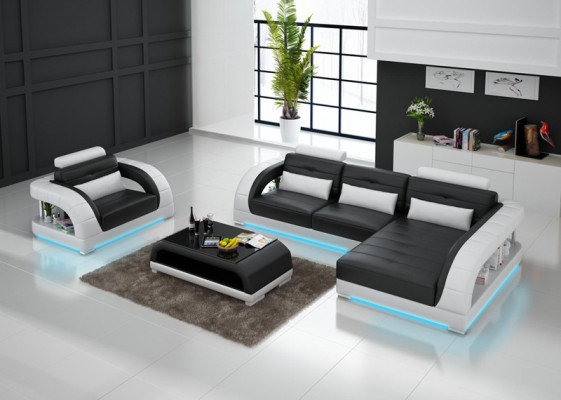 Ledersofa Canapé Wunnlandschaft Eckcanapé + Sessel Nei Garnitur Design