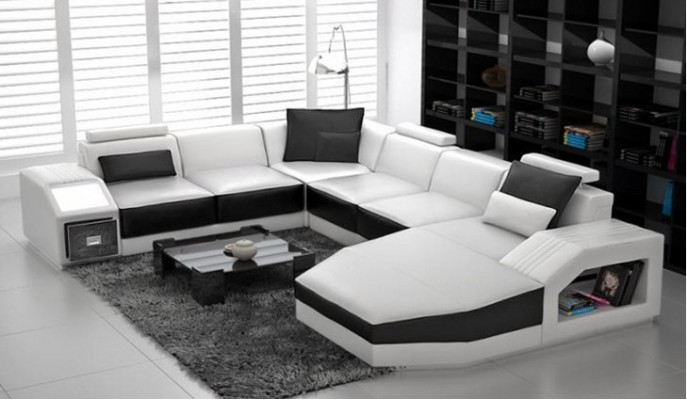 Wunnlandschaft Ecksofa Design Sofa mat USB Polster Sëtz Eck U Form Wäiss PHM110