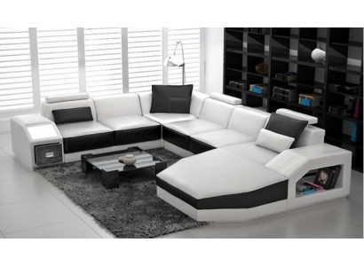 Wunnlandschaft Ecksofa Design Sofa mat USB Polster Sëtz Eck U Form Wäiss PHM110