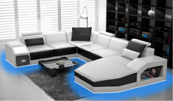 Wunnlandschaft Ecksofa Design Sofa mat USB Polster Sëtz Eck U Form Wäiss PHM110