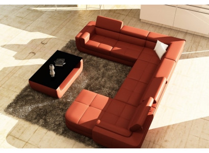 Polster Ledersofa Sofa + USB Wunnlandschaft U Form XXL Grouss Orangen Canapé Ecksofa