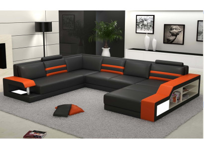 Designer-Ecksofa, Ledersofa Polstersëtz Eck-Garnitur mat USB an LED.