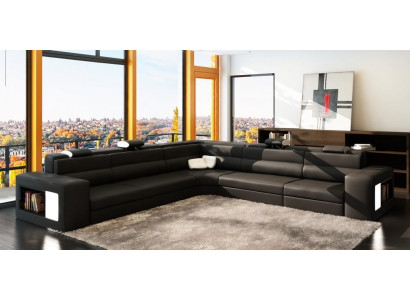 Ledercouch Sofa mat USB Ecksofa Sëtz Polster Wunnlandschaft XXL Grouss Weiden Schwaarz