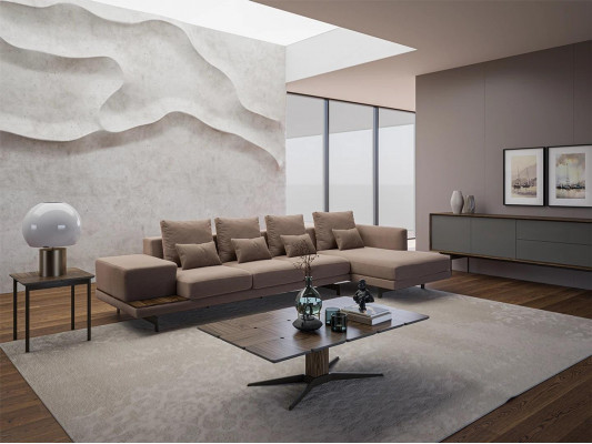 Wunnzëmmer Set 3-Teileck Garnitur Sofa Couch L-Form Holz Couchtisch
