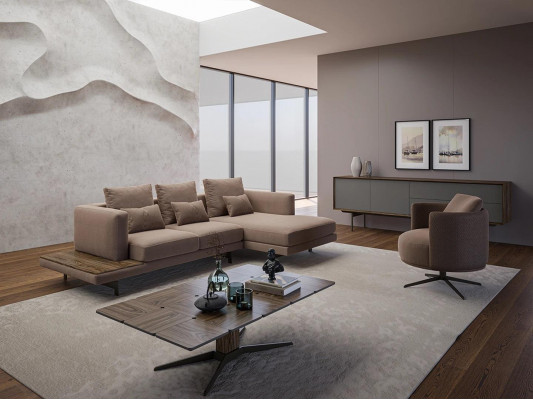 Wunnzëmmer Set Sofagarnitur Sofa Canapé L-Form Fotell Holz Dësch