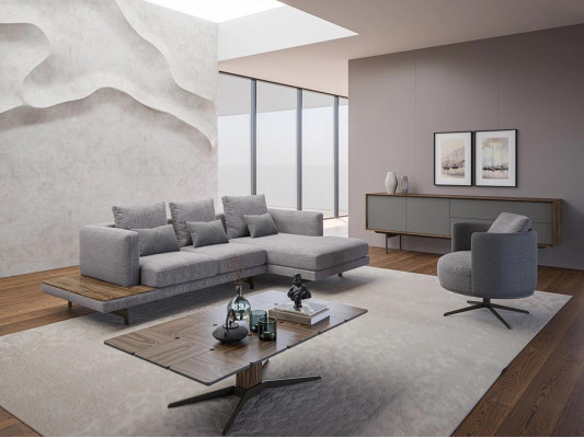 Sofasett Wunnzëmmer Set 3tlg Gepolstert Möbel Wénkelssofa Fauteuil Holz Dësch.