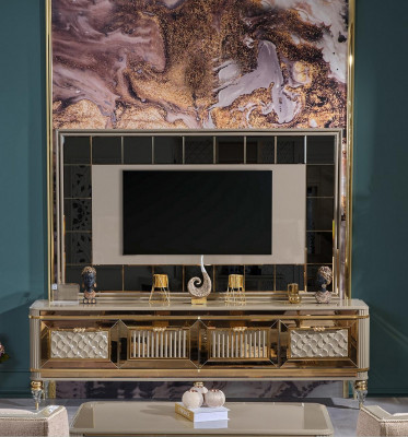 Mauerfir de Living-Zëmmer TV-Ständer TV-Ständer am luxuriéise Premium-Design aus Edelstol.