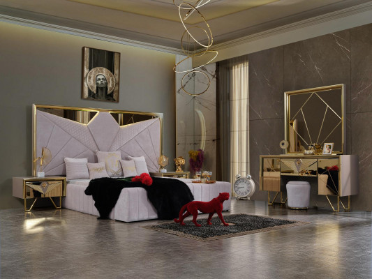 Schlofzëmmer-Set: Bett, Nuetsdëscher, Toilettendësch mat Spigel am eleganten italienesche Stil a wäisser Faarf