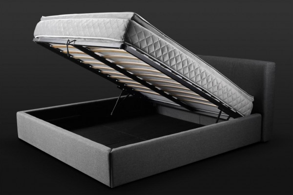 Grou Bett mat Duebelsstall Fir Këssen Bettkëscht Design Elegant Stoffbett