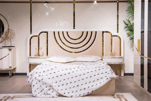 Moderne Schlofkummer Set Bett + 2x Nuetsdëscher Design Miwwelen 3 Deeler Nei