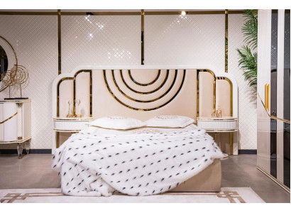 Moderne Schlofkummer Set Bett + 2x Nuetsdëscher Design Miwwelen 3 Deeler Nei