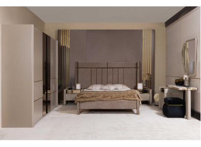 Schlofzëmmer Set Bett 2x Nuetsdësch Kleederschaf Schminktisch mat Spigel 5tlg Nei