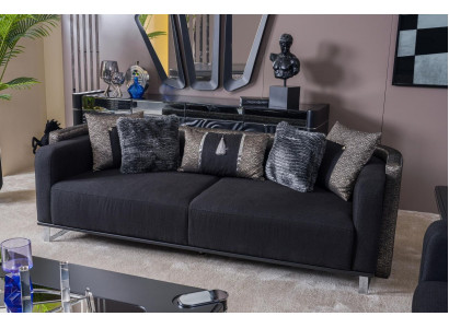 Dräisëtzer 240cm Schwaarz Luxus Couch Sofa Couchen Miwwelen Textil Stoff Samt 3er