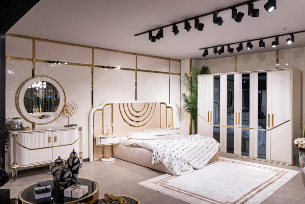 Schlofzëmmer Set Luxus Bett 2x Nuetsdësch Kleederschaf Kommod mat Spigel 5dëleg
