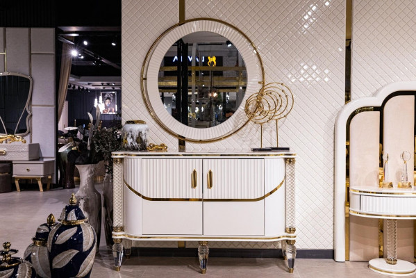 Schlofzëmmer Set Luxus Bett 2x Nuetsdësch Kleederschaf Kommod mat Spigel 5dëleg