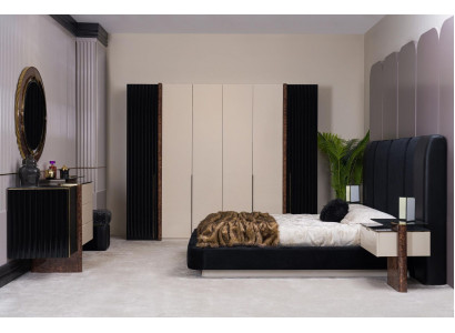 Schlofkummer Set Bett 2x Nuetsdëscher Kleederschaf Kommode Design Miwwelen