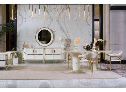 Luxus Iesszëmmer Set Iessdësch + 6x Stullen + Anrichte Iessgruppen Sideboard 8 tlg