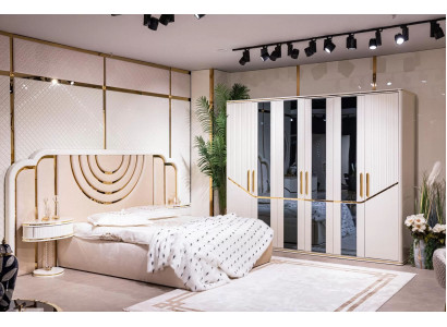 Modern Schlofzëmmer Set Bett 2x Nuetsdëscher Kleederschaf Design Miwwelen 4 Stéck