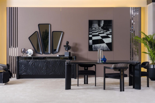 Schwaarzt Iesszëmmer Set Iessdësch 6xStill Säitebriet 3x Spigel Iessgrupp Luxus
