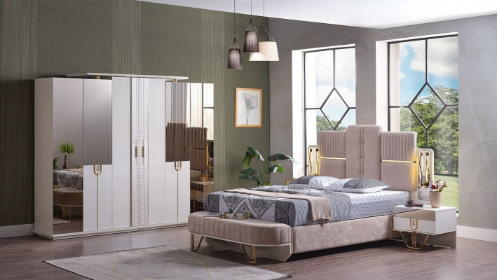 Luxus-Schlofzëmmer-Set 5 Stécker, Bett, 2x Nuetsdëscher, Kleederschaf, Bank, Modern.