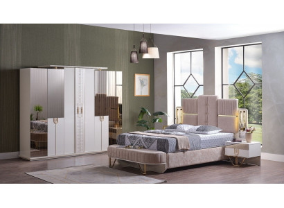 Luxus-Schlofzëmmer-Set 5 Stécker, Bett, 2x Nuetsdëscher, Kleederschaf, Bank, Modern.