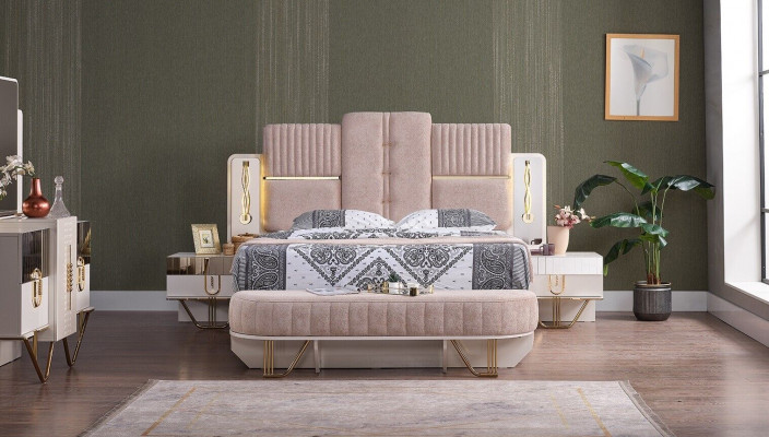 Luxus-Schlofzëmmer-Set 5 Stécker, Bett, 2x Nuetsdëscher, Kleederschaf, Bank, Modern.