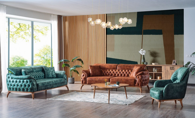 Klassesch Canapé-Set 3+3+1 Sitz Chesterfield Relax Sesselen Miwwelen Canapé