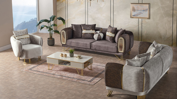 Sofagarnitur 3+3+1 Sëtzer Stuff Set Komplett Stoff Sofa Fauteuil Holz