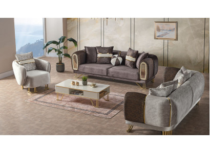 Sofagarnitur 3+3+1 Sëtzer Stuff Set Komplett Stoff Sofa Fauteuil Holz