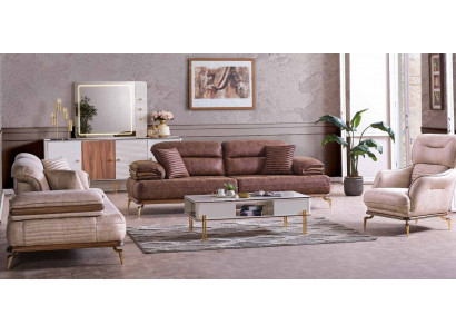 Miwwelen Wunnzëmmer Set 3+3+1 Sëtzplazen Sofa-Garnitur 2x Sofas Fauteuil Braun