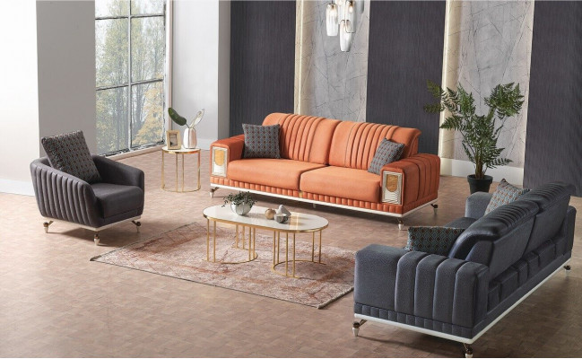 Sofagarnitur 3+3+1 Sëtzer Textil Holz Sofa 3 Sëtzer Modern Fotell Komplett Set