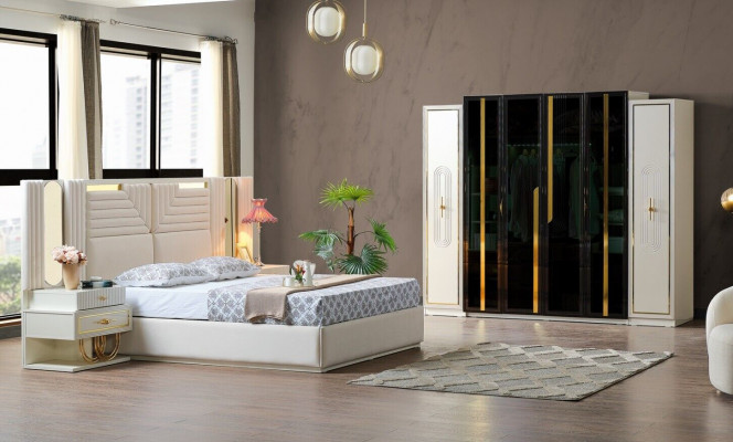 Modern Schlofzëmmer Set Bett + 2x Nuetsdëscher+Kleederaschaf Design Miwwelen 4 Deeler