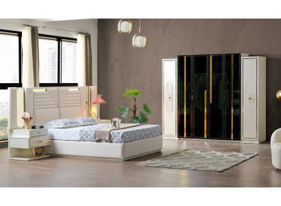 Modern Schlofzëmmer Set Bett + 2x Nuetsdëscher+Kleederaschaf Design Miwwelen 4 Deeler