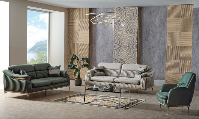 Sofagarnitur 3+3+1 Sëtzer Wunnzëmmer Set Komplett Textil Sofa Fotell Holz EU