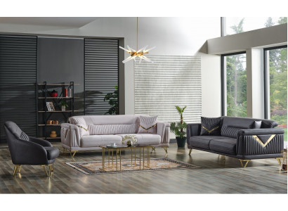 Sofa-Set 3+3+1 Sëtzer Textil Holz Sofa 3 Sëtzer Modern Fauteuil Komplett Set Nei