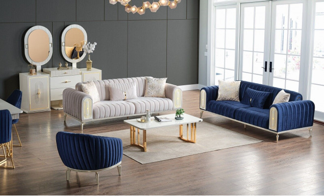 Sofagarnitur 3+3+1 Plaz Sëtzlounge Set Komplett Textil Canapé Sessell Holz Blo
