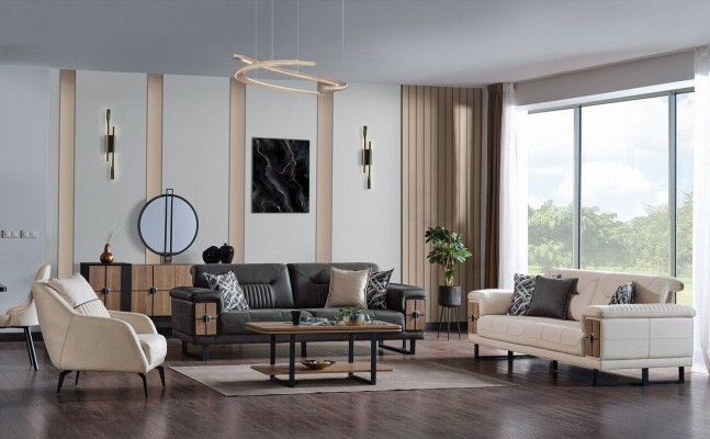 Sofagarnitur 3+3+1 Sëtzer Wunnzëmmer Set Komplett Textil Holz Sofa Fauteuil